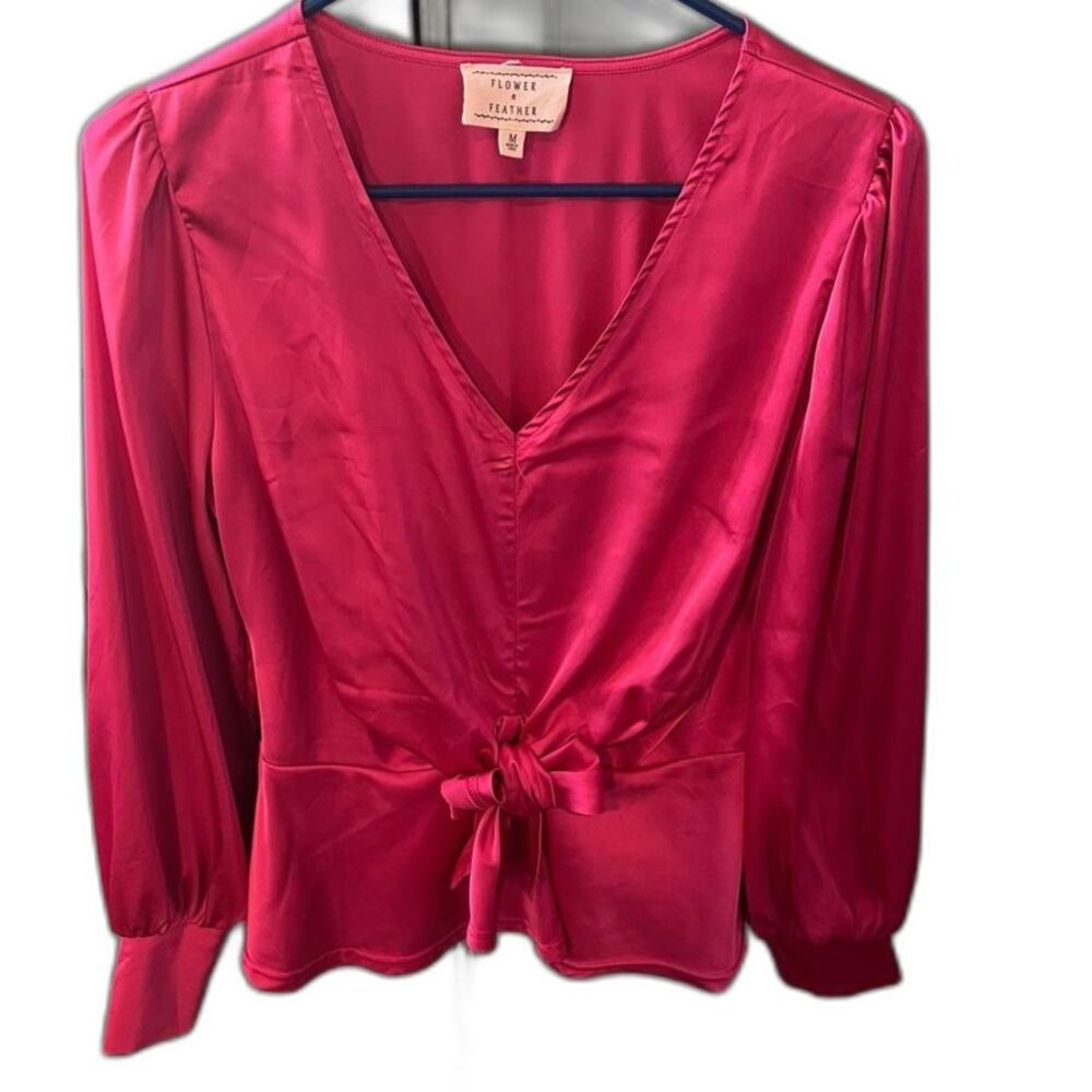 Flower & Feather Women's Blouse Vneck Tie Front Long Sleeves Dark Pink Medium
